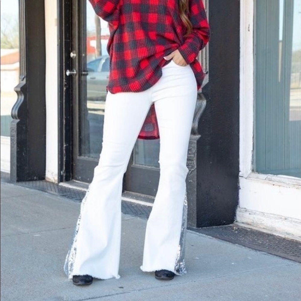 White Highlander,  Silver Sequin Flare Jeans